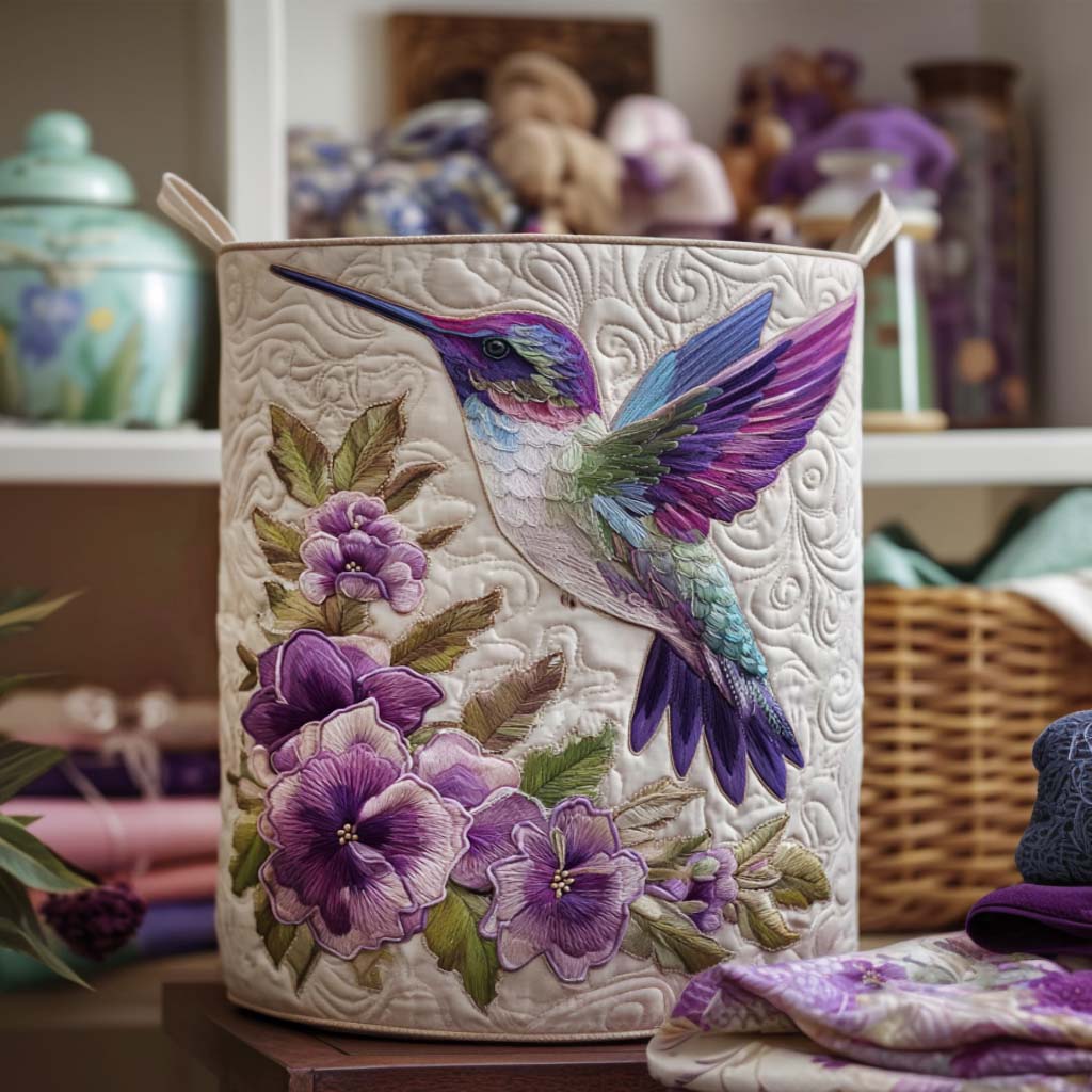 Hummingbird in Bloom quilted laundry basket