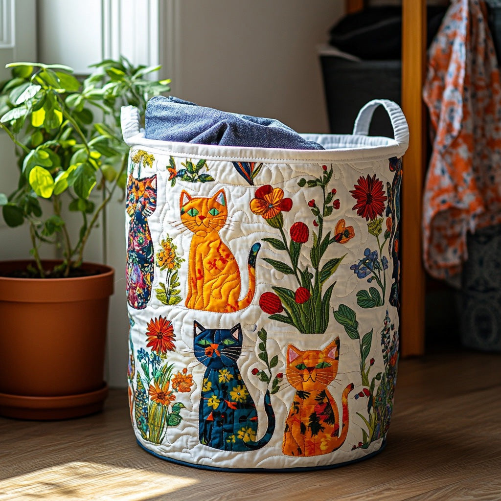 Painted Cat Garden quilted laundry basket