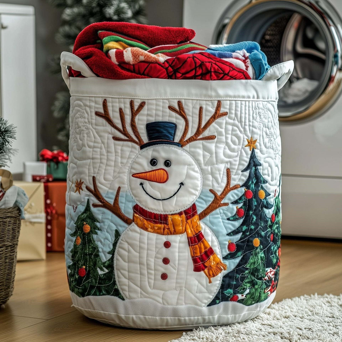 Antler Snowman quilted laundry basket