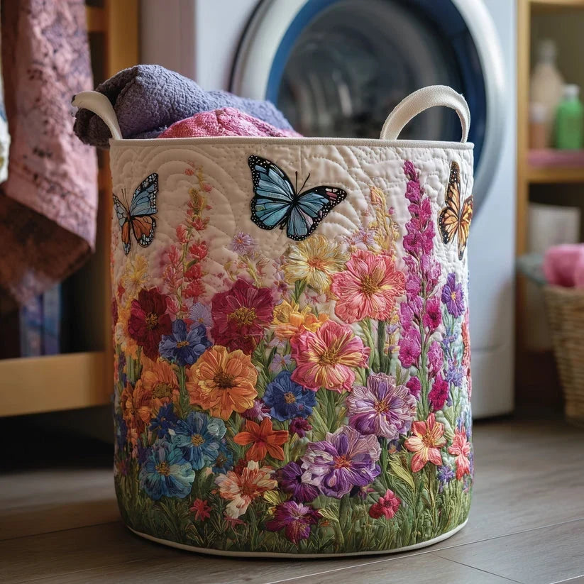 Butterfly Wildflower Garden quilted laundry basket