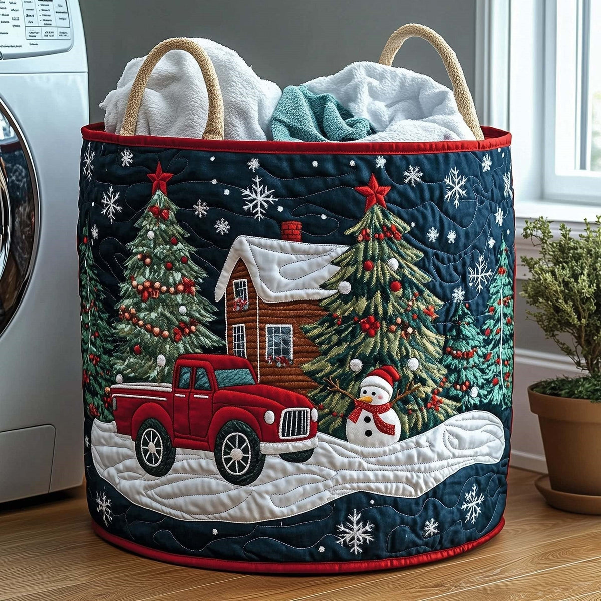 Christmas Cabin Pickup quilted laundry basket