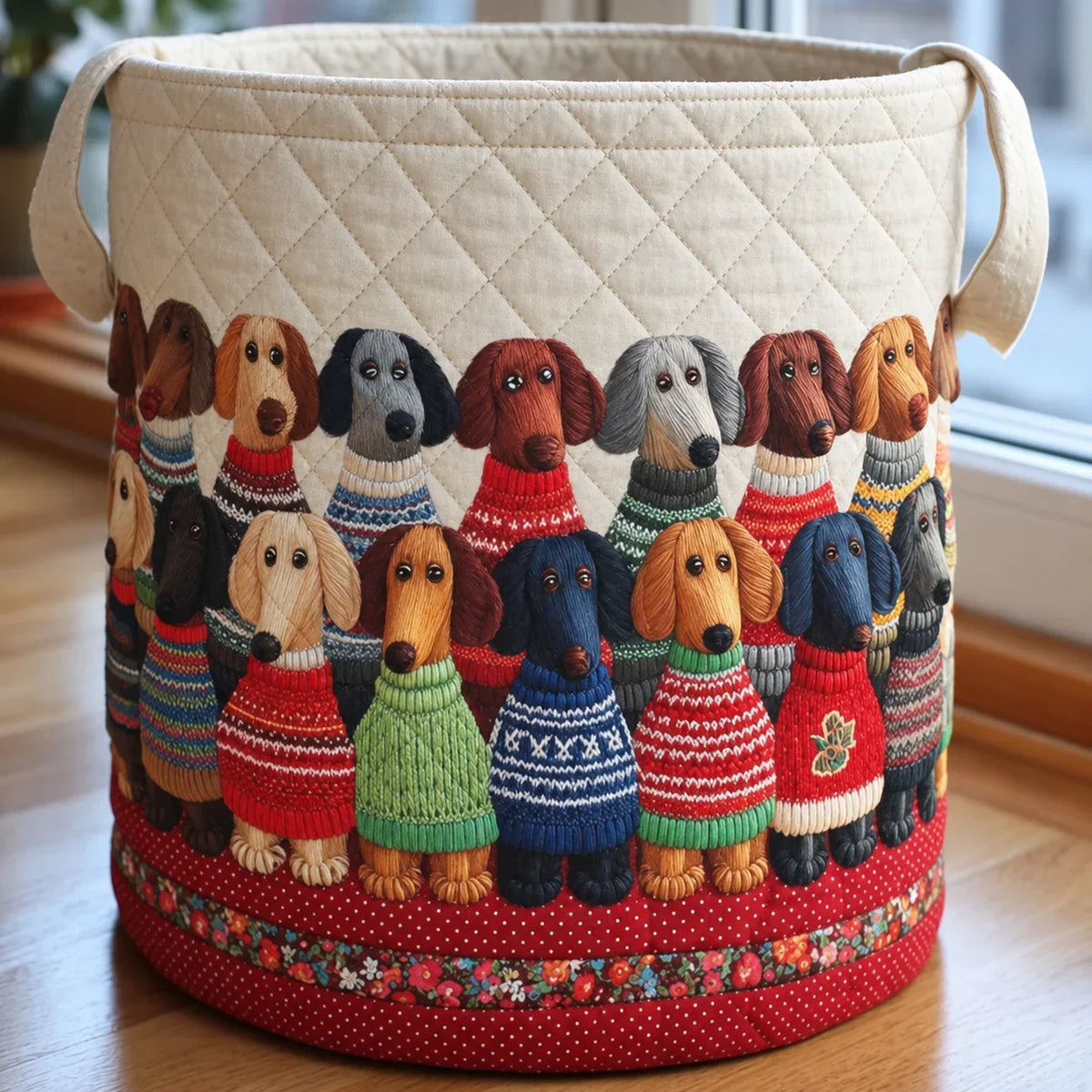 Dachshund Sweater Parade quilted laundry basket