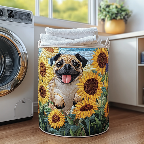 Happy Pug quilted laundry basket