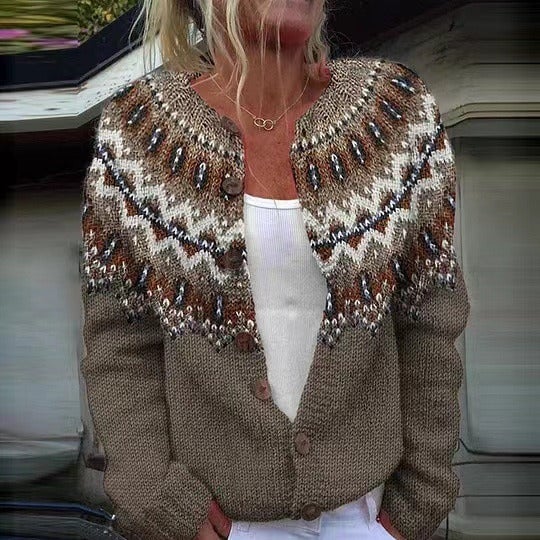 Linda fair isle button cardigan in mocha