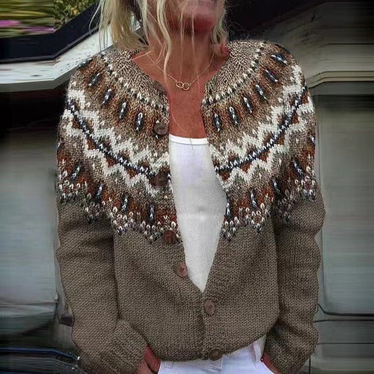 Linda fair isle button cardigan in mocha