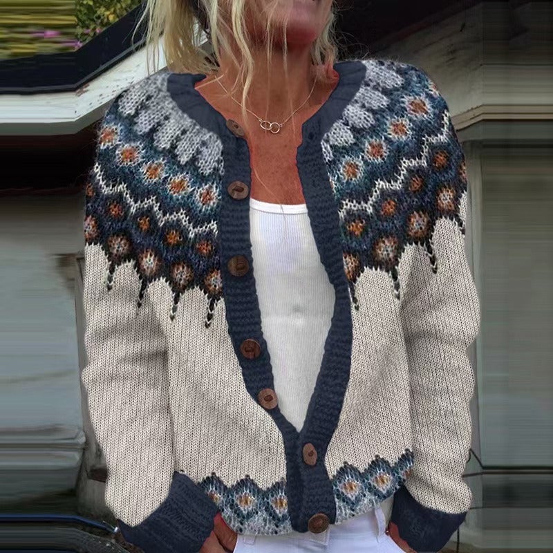 Gloria fair isle button cardigan in ivory & navy