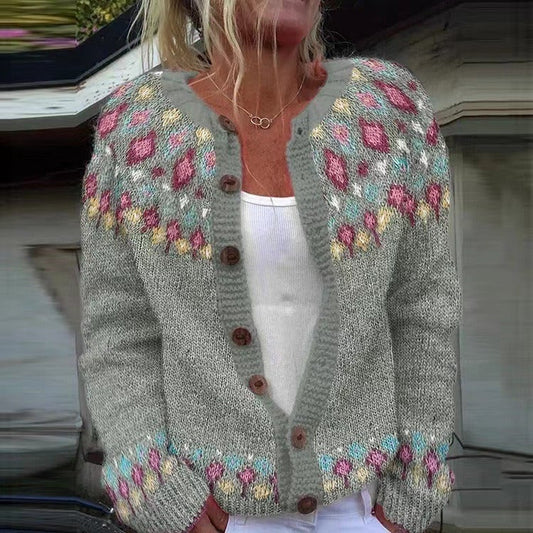 Marilyn floral fair isle button cardigan in heather grey