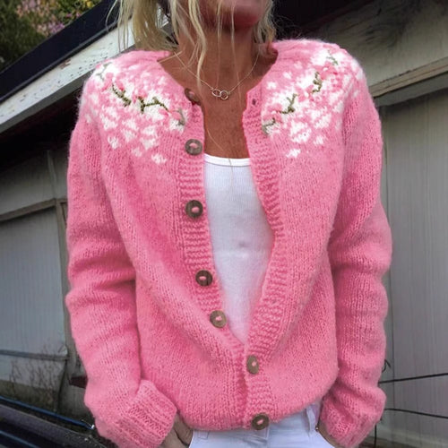 Phyllis floral fair isle button cardigan in bright pink