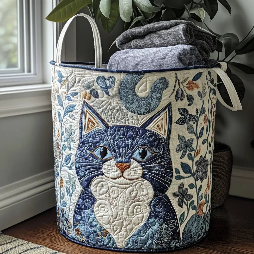 Indigo Cat Charm quilted laundry basket
