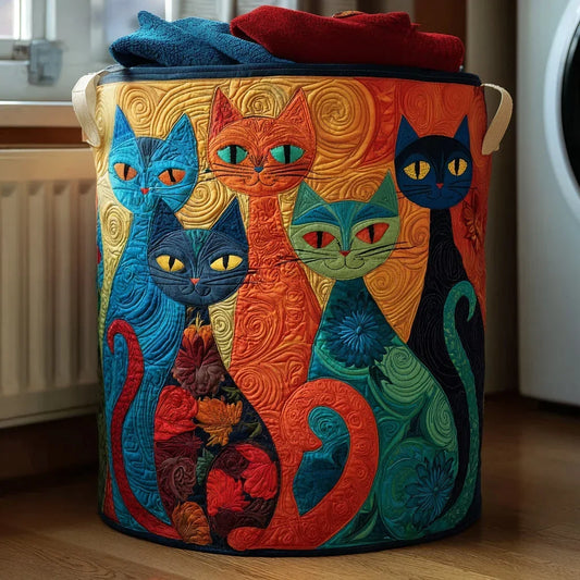 Jewel Tone Cat Club quilted laundry basket