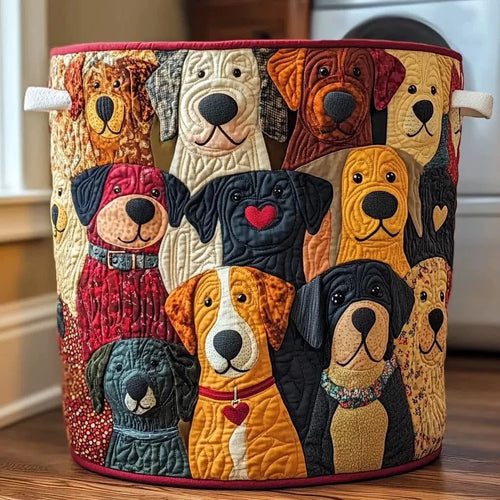 Patchwork Pup Parade quilted laundry basket
