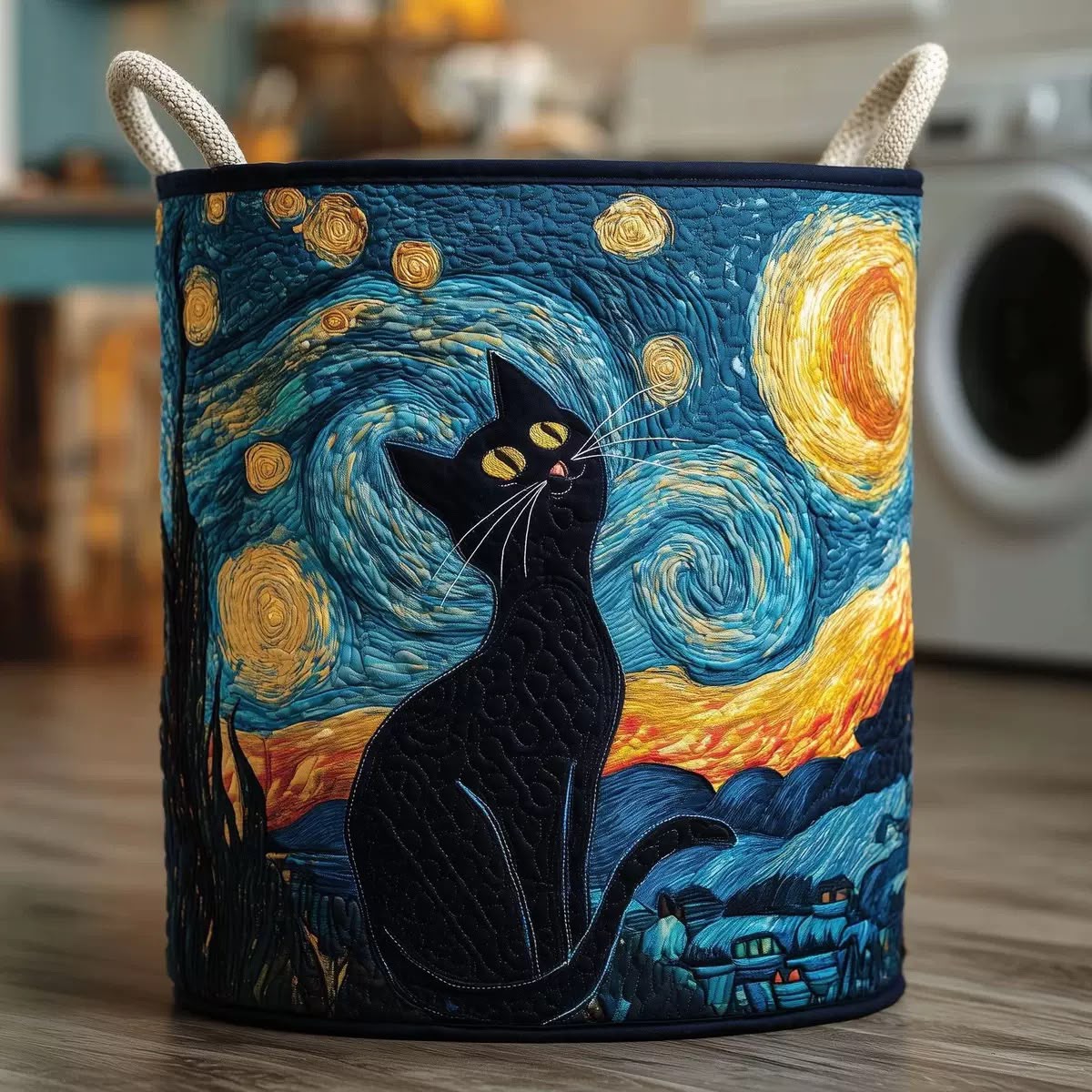 Starry Night Cat quilted laundry basket