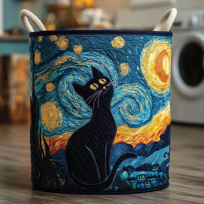 Starry Night Cat quilted laundry basket