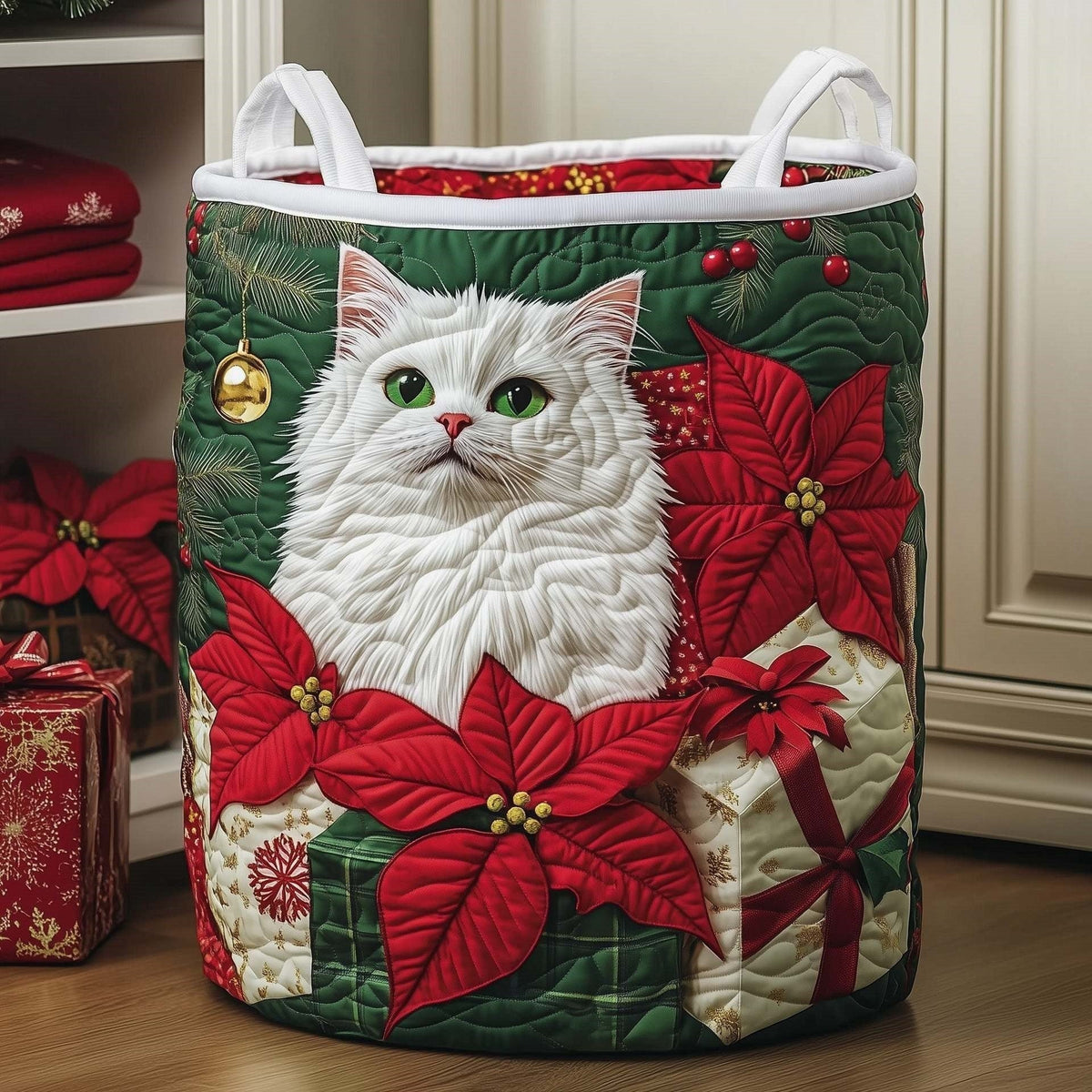 Poinsettia Snow Cat quilted laundry basket
