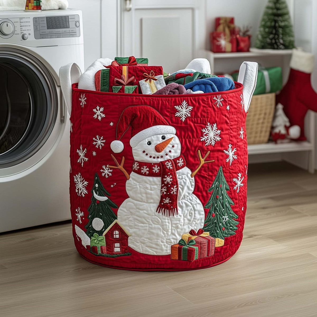 Scarlet Snowman quilted laundry basket