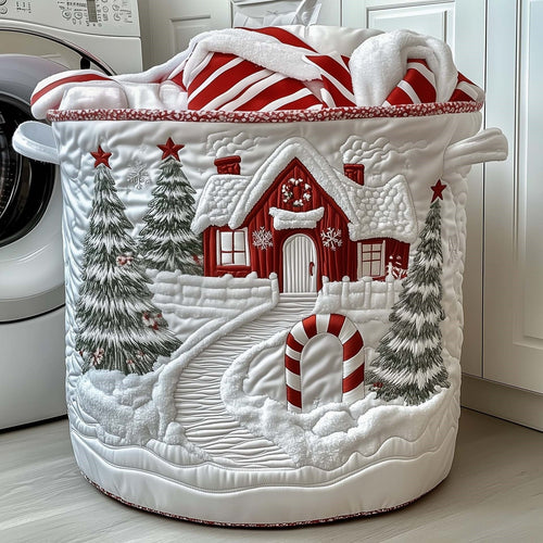 Snowfall Cottage quilted laundry basket