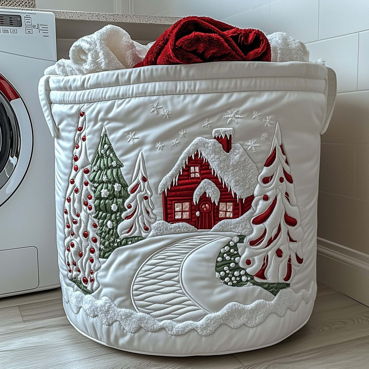 Snowy Candy Cane Lane quilted laundry basket