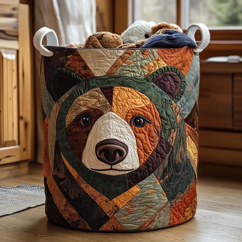 Woodland Patchwork Bear quilted laundry basket